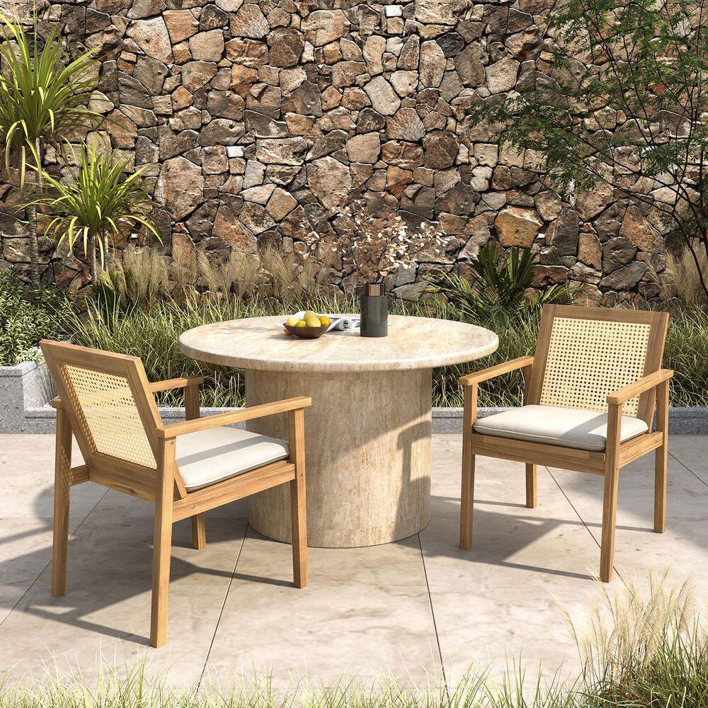 Patio Wood Dining Chairs Outdoor Accent Chair with Arm, Plastic Cane Backrest and Beige Cushion (2-Pack) price history on PriceWatchPro