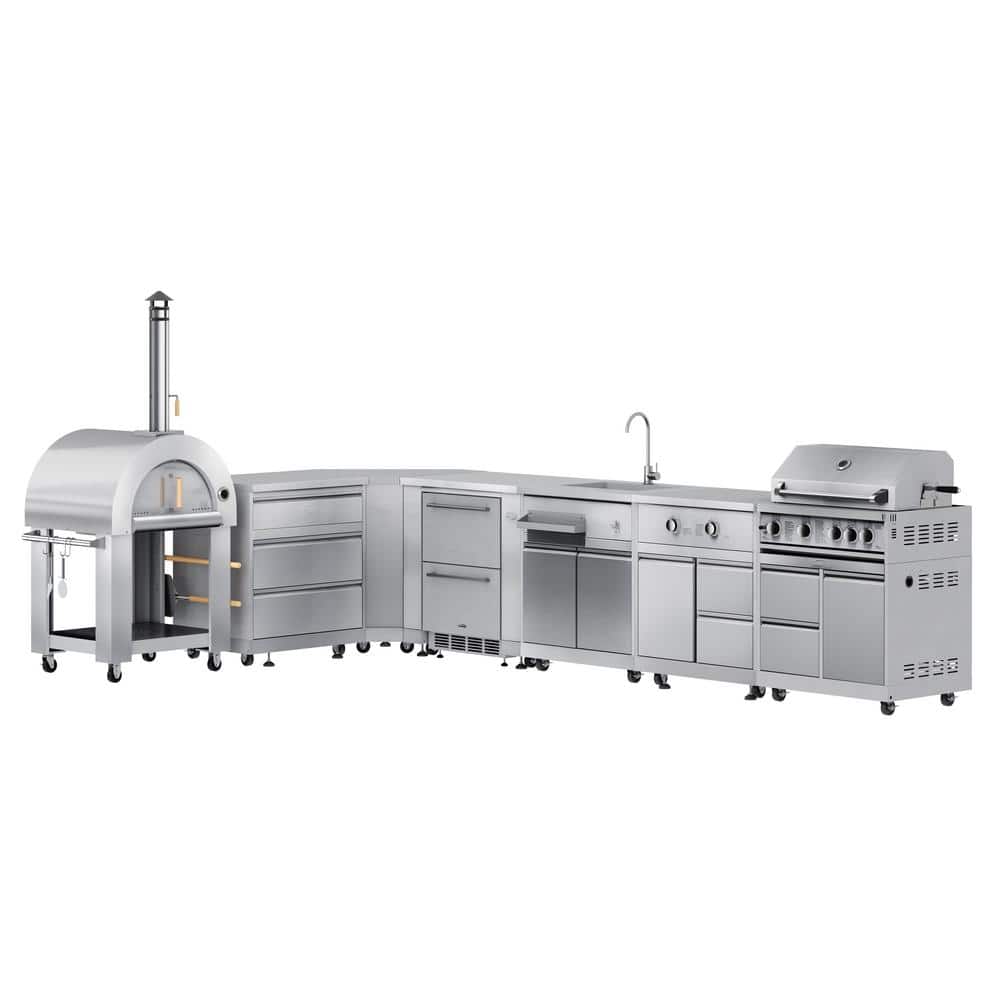 Kitchen Wood Pizza Oven, 3-Drawer and Corner Cabinet, Refrigerator, Sink, Side Burner, 30 in. Liquid Propane Grill in SS