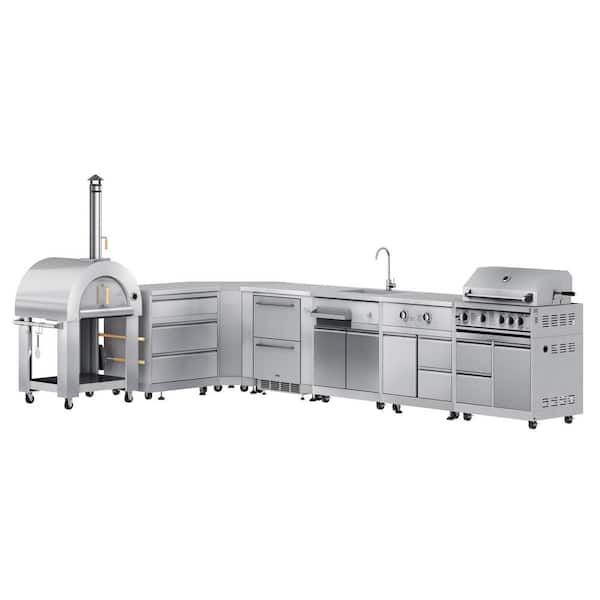 Kitchen Wood Pizza Oven, 3-Drawer and Corner Cabinet, Refrigerator, Sink, Side Burner, 30 in. Liquid Propane Grill in SS