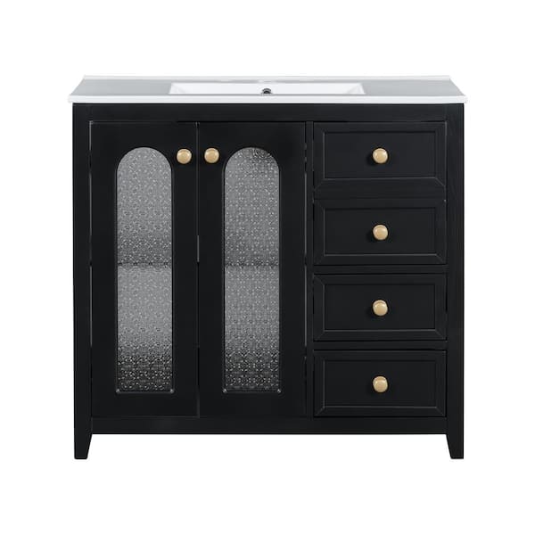JimsMaison 36 in. W x 18 in. D x 33.86 in. H Single Sink Freestanding Bath Vanity in Black with White Ceramic Top