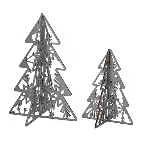 Set of Two 10 in. H and 7 in. H Wood Christmas Trees Table Decor, Silver