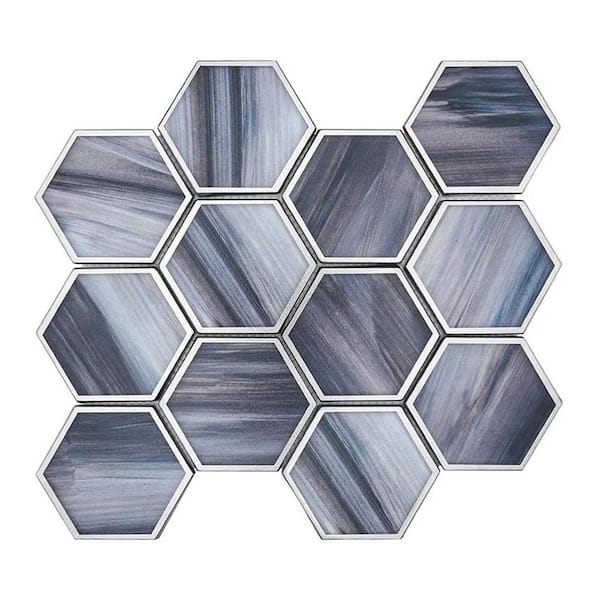 Apollo Tile Solace 9 in. x 10 in. Matte Silver Midnight Blue Glass Mosaic Hexagon Wall and Floor Tile (3.28 sq. ft./case)-5 Pack
