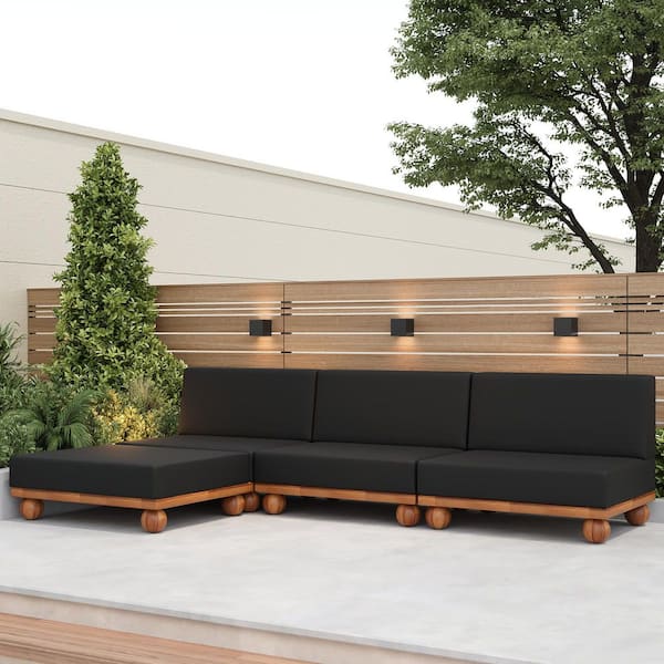 Steffi Modern 4-Piece Solid Wood L-Shape Outdoor Patio Sectional Sofa Set with Ottoman and Black Cushions, Round Legs