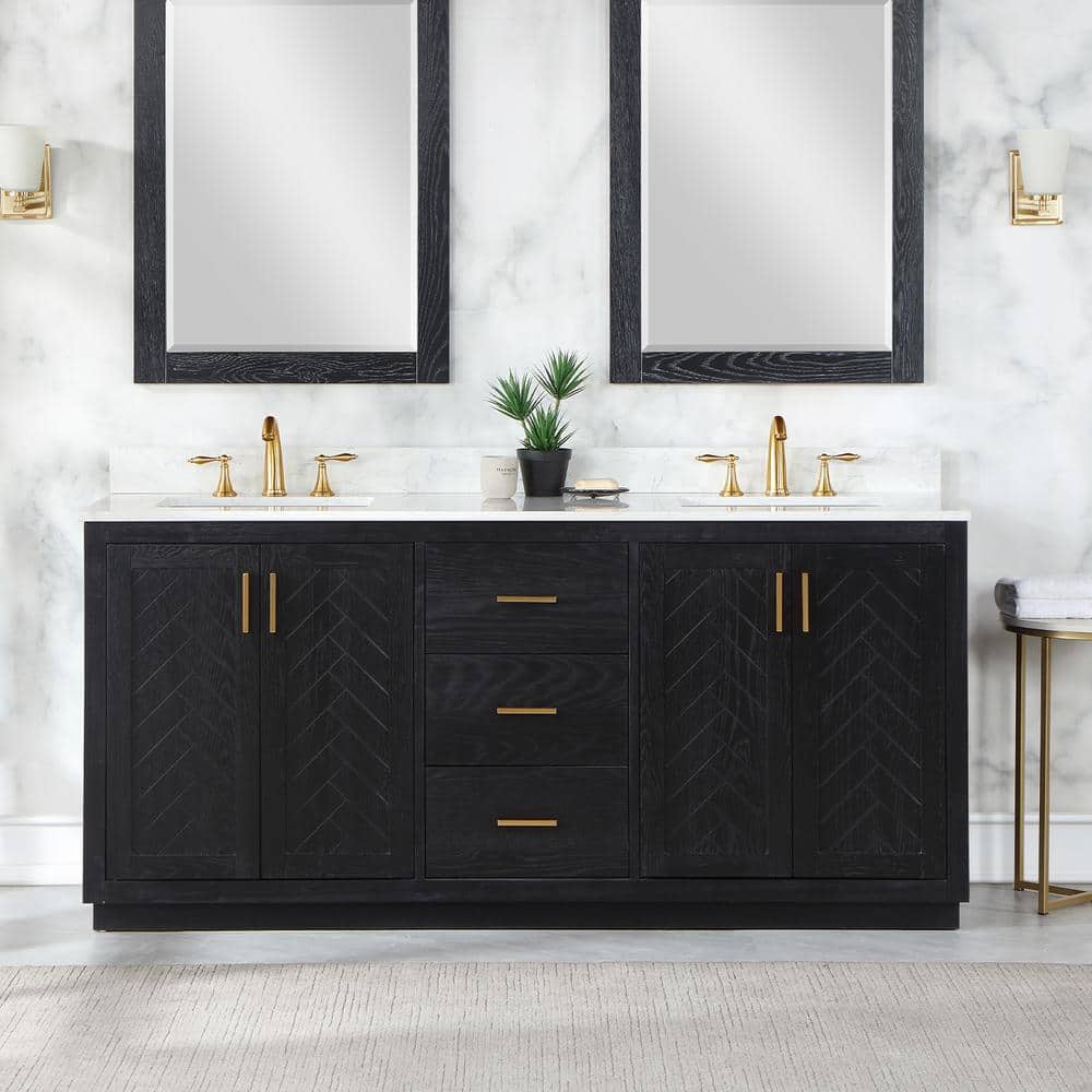 Gazsi 72" Black Oak Double Bathroom Vanity with Composite Stone Countertop