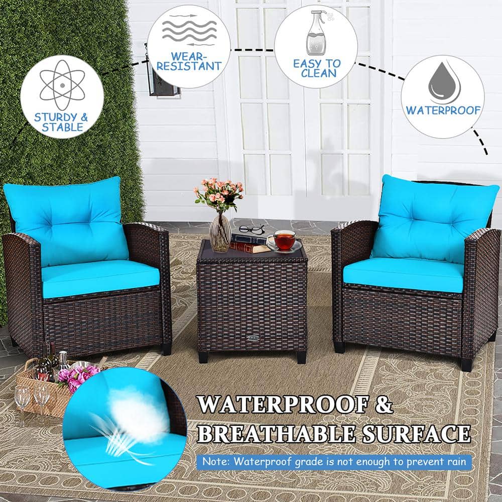 Turquoise Cushioned Rattan 3-Piece Patio Conversation Set
