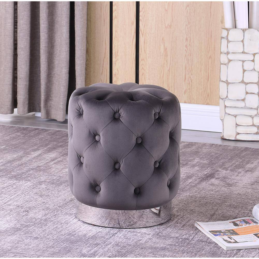 Gray Tufted Round Velvet Ottoman with Stainless Steel Base