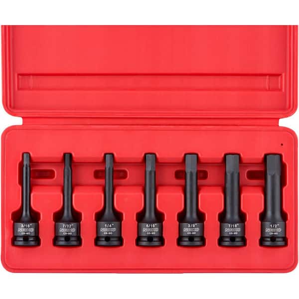 3/8 in. Drive Allen Socket Set, 7-Piece, 3 in. Length, SAE Hex Driver 3/16 in. to 1/2 in. CrMo Steel