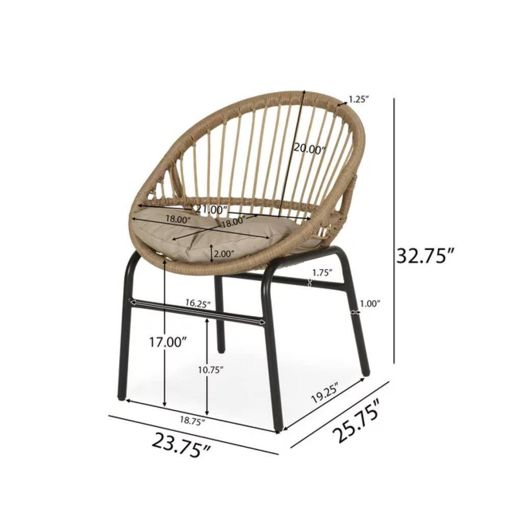 Light Brown and Beige Wicker Outdoor Dining Chairs with Cushions, Set of 2