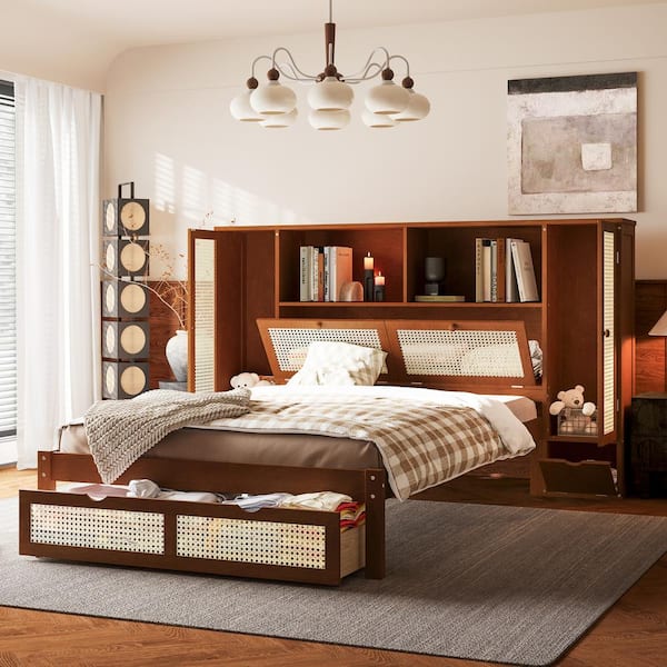 Harper & Bright Designs Rattan Walnut(Brown) Wood Frame Twin Platform Bed with Shelves, Lockers, Drawers, Storage Headboard
