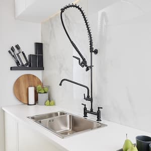 Commercial Restaurant Double Handles Deck Mount Pre-Rinse Pull Down Sprayer Kitchen Faucet Space Saver in Matte Black