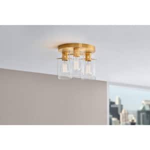 Regan 11.75 in. 3-Light Brushed Gold Flush Mount with Clear Glass Shades