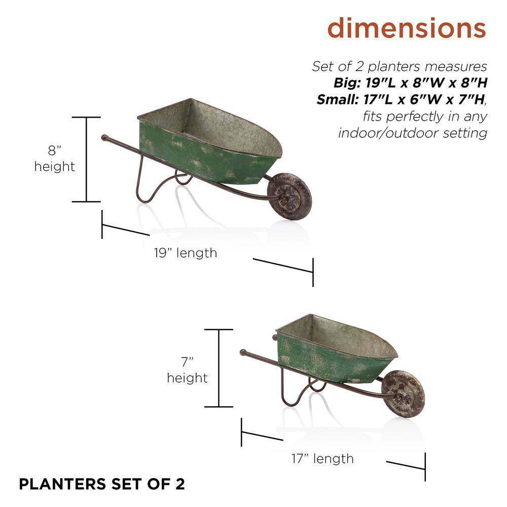 Set of 2 Green Rustic Iron Wheelbarrow Planters