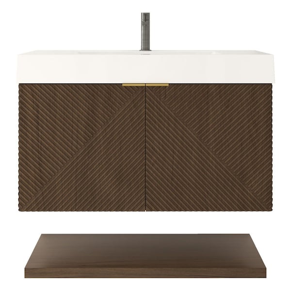 Stella 35 in. W x 20 in. D x 22 in. H Single Sink Chestnut Brown Bath Vanity with White Acrylic Top Floating Lower Shelf
