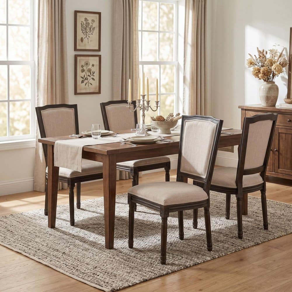Farmhouse Dark Walnut and Beige Fabric Upholstered Back with Fluted Carved Legs Dining Chair Set of 4 price history on PriceWatchPro