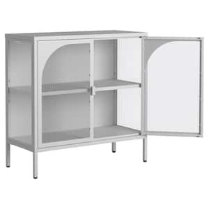 White Metal Pantry Organizer with 2-Glass Doors and Adjustable Shelves