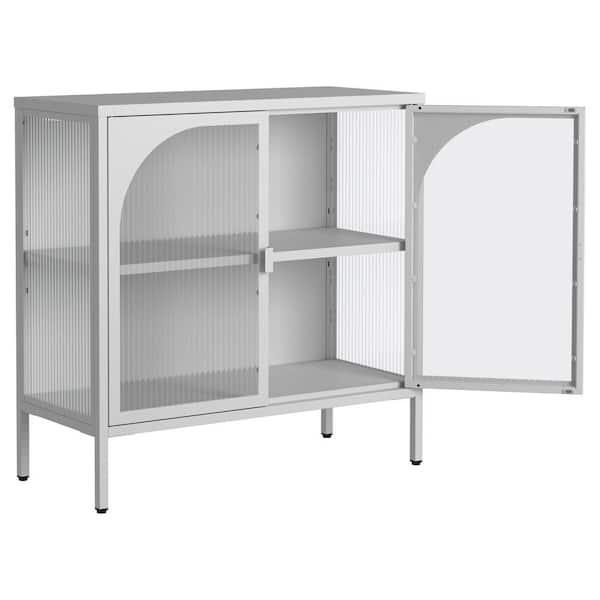 Sudzendf White Metal Pantry Organizer with 2-Glass Doors and Adjustable Shelves