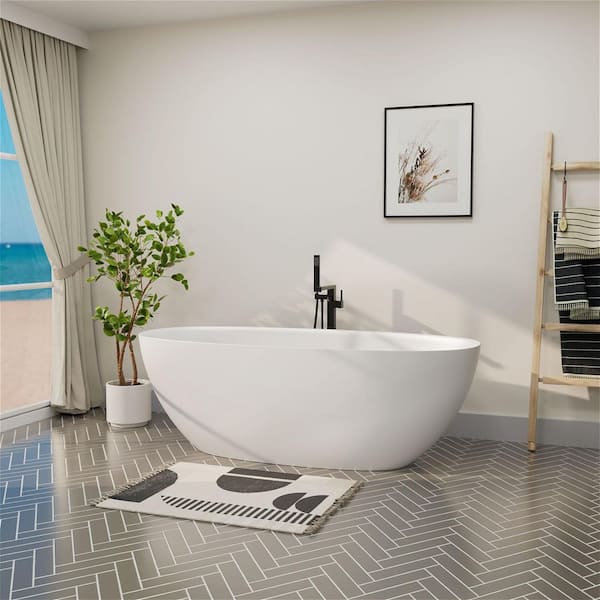 65 in. x 29.5 in. Double Slipper Solid Surface Flatbottom Stone Resin Oval Freestanding Soaking Bathtub in White