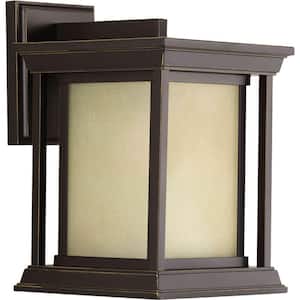 Endicott Collection 1-Light Antique Bronze Etched Umber Linen Glass Craftsman Outdoor Small Wall Lantern Light