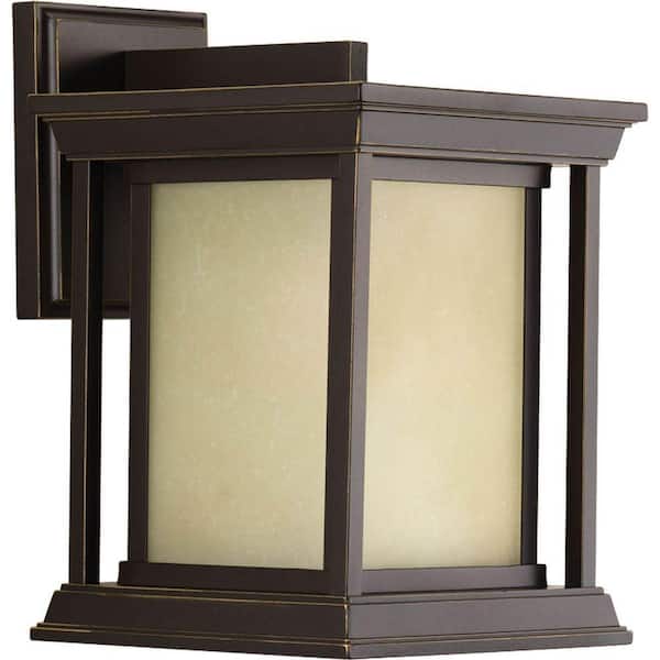 Progress Lighting Endicott Collection 1-Light Antique Bronze Etched Umber Linen Glass Craftsman Outdoor Small Wall Lantern Light