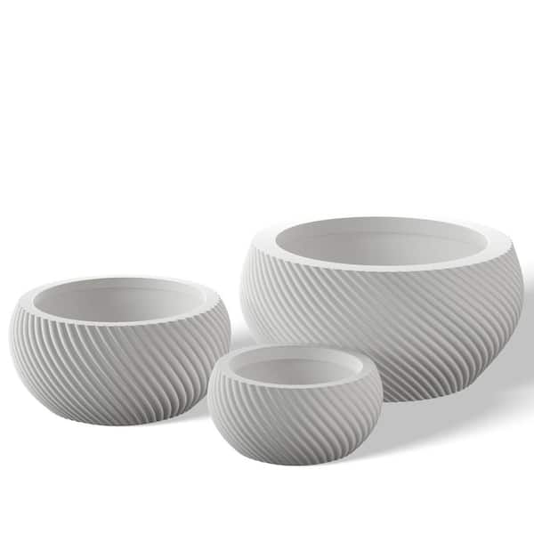 Textured 11.5in., 15in., 20in. Dia Large Round Crisp White Concrete Planter/Flower Pot for Indoor & Outdoor Set of 3