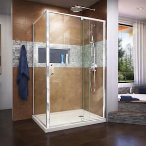 Flex 36 in. D x 48 in. W x 74.75 in. Framed Pivot Shower Enclosure in Chrome with Right Drain Biscuit Acrylic Base Kit