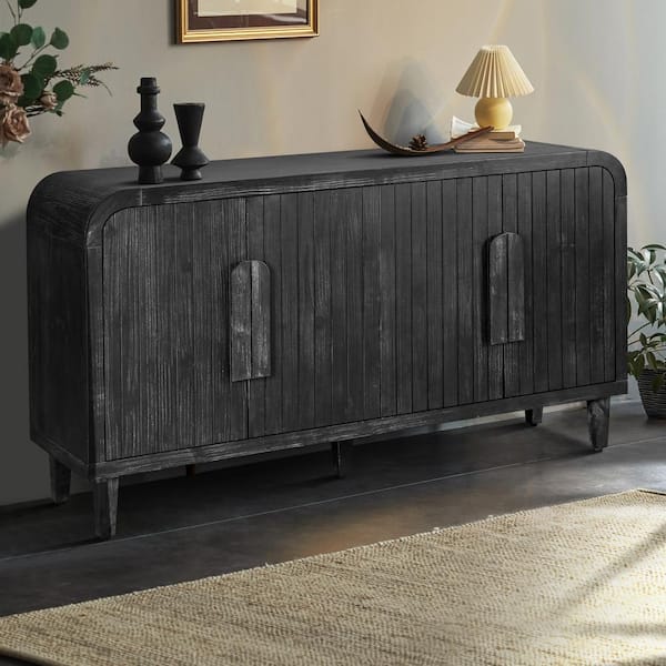 Noble House Ethan Antique Black MDF 59 in. Farmhouse Curved Storage Sideboard with Adjustable Shelves