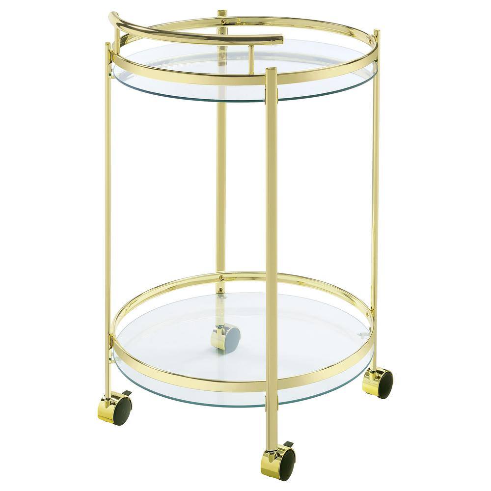Luxe Modern 31" Gold Metal and Glass Round Bar Cart with Lockable Casters