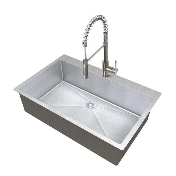Aoibox 33 in. Drop-In/Undermount Single Bowl 18-Gauge Silver Stainless Steel Kitchen Sink Faucet and Bottom Grids and Drain