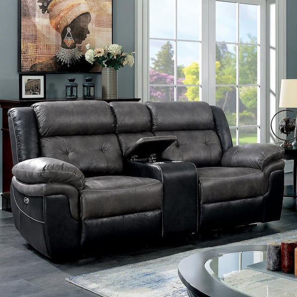 Dacious 81.25 in. Gray and Black Faux Leather 2-Seat Loveseat with Cup  Holders and USB Charger
