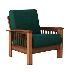 Buena Vista Emerald Green Linen-Like Fabric Mission Style Arm Chair with Exposed Wood Frame in Cherry