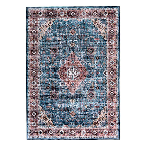 World Rug Gallery Blue 5 ft. x 7 ft. Distressed Traditional Boho Machine Washable Area Rug
