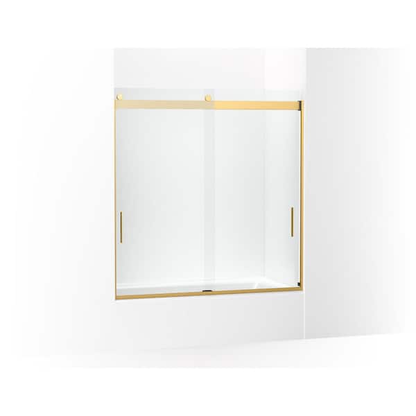 KOHLER Levity 57-60 in. W x 62 in. H Frameless Sliding Tub Door in Vibrant Moderne Brass with 3/8 in. Thick Crystal Clear Glass