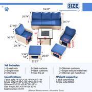 Echo Beige 6-Piece Wicker Outdoor Multi-Functional Patio Conversation Sofa Set with a Fire Pit and Navy Blue Cushions