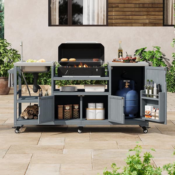 Harper & Bright Designs Gray Blue Wood 75.4 in. Kitchen Island for