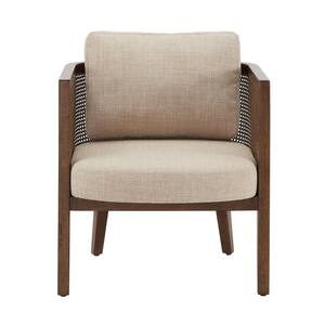 Beige Fabric Walnut Finish Cane Accent Chair