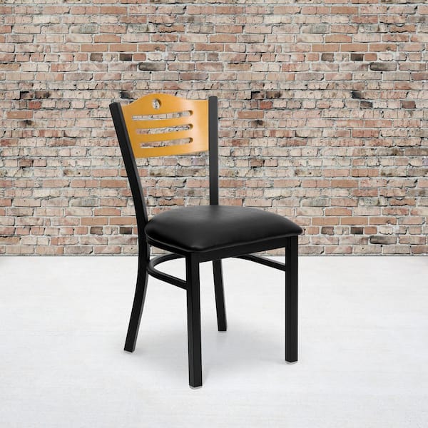 Hercules Series Black Slat Back Metal Restaurant Chair with Natural Wood Back, Black Vinyl Seat