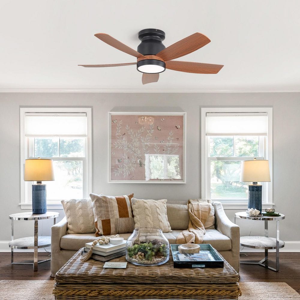 42 in. Indoor Matte Black Flush Mount Standard Ceiling Fan with 5 ABS Blades, Dimmable LED, Quiet DC and Remote Control price history on PriceWatchPro