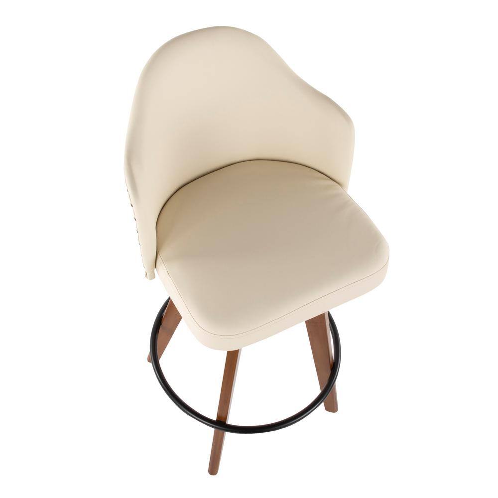 Cream Faux Leather and Walnut Wood 20" Modern Swivel Counter Stool