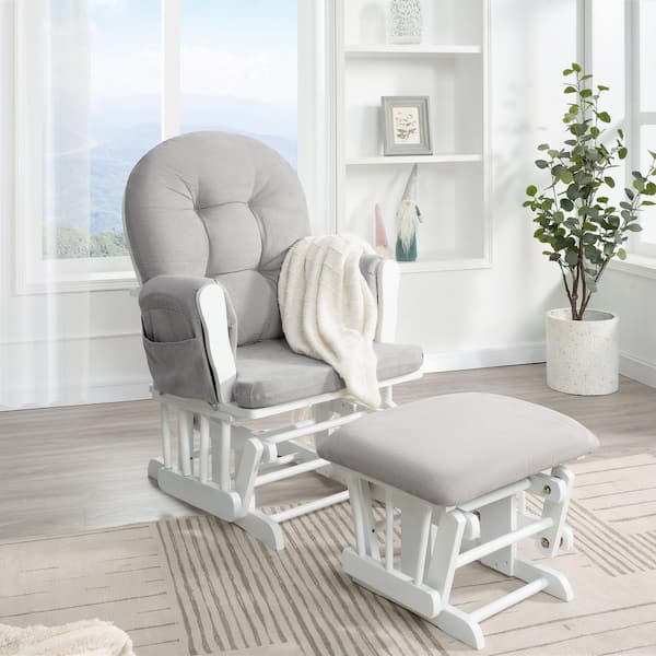 MAYKOOSH White with Gray Fabric Cushion Solid Wood Frame Nursery Glider Rocking Chair with Ottoman