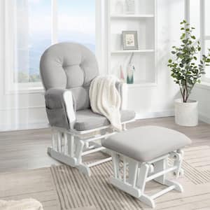 White with Gray Fabric Cushion Solid Wood Frame Nursery Glider Rocking Chair with Ottoman