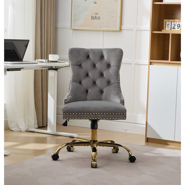 Velvet Adjustable Height Swivel Tufted Ergonomic Task Chair in Gray/Gold with Wheels