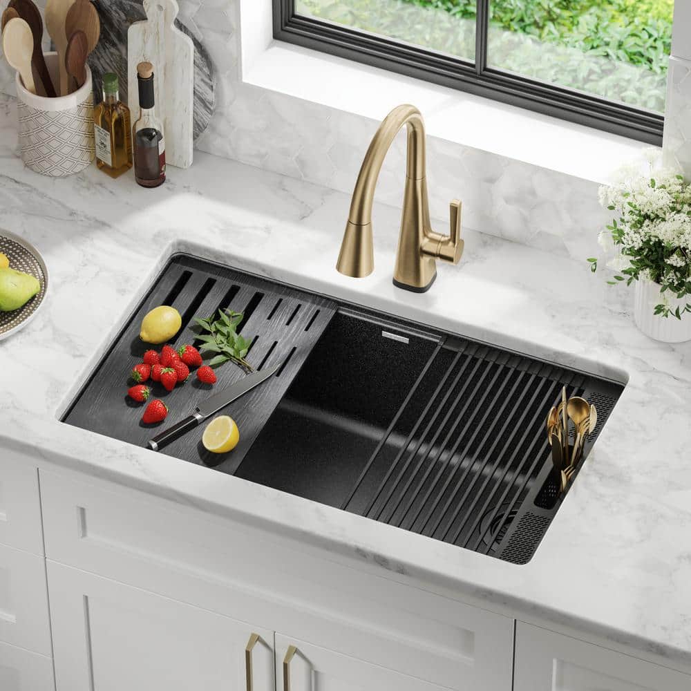 Metallic Black Granite Composite Single Bowl Workstation Sink with Drainboard