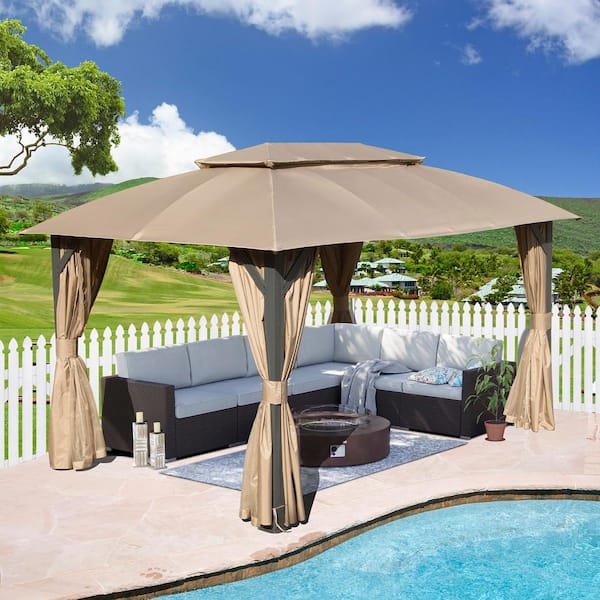 11 ft. x 20 ft. Brown Outdoor Gazebo with Double Roofs, Privacy Curtains, Mosquito Netting