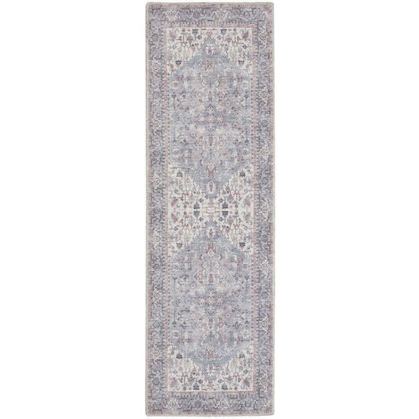 57 Grand Machine Washable Grey 2 ft. x 10 ft. Bordered Traditional Kitchen Runner Area Rug