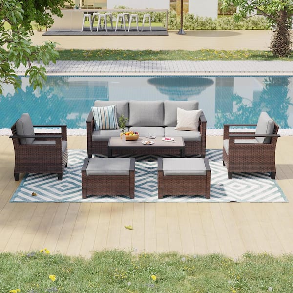 6 Pieces All-Weather PE Brown Wicker Patio Conversation Set with Coffee Table with Linen Grey Cushion