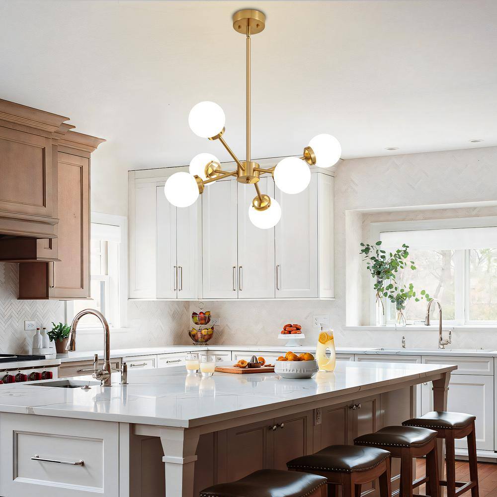 Adjustable Brass Sputnik Chandelier with Milk Glass Shades