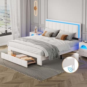 White Wood Frame Queen Size PU Upholstered Platform Bed with LED Lights, 2 Motion Activated Night Lights, Big Drawer