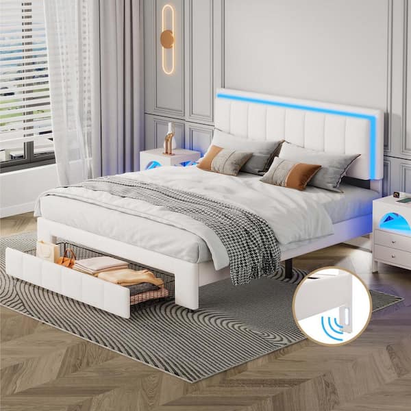 Harper & Bright Designs White Wood Frame Queen Size PU Upholstered Platform Bed with LED Lights, 2 Motion Activated Night Lights, Big Drawer