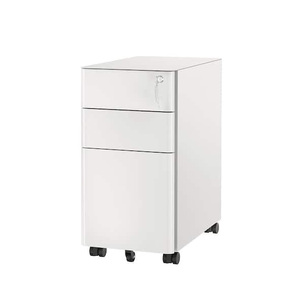 3-Drawer White Metal 11.81 in. W Under Desk Pedestal File Cabinet w/Wheels, Rolling Storage w/Lock, Mobile Space Saving