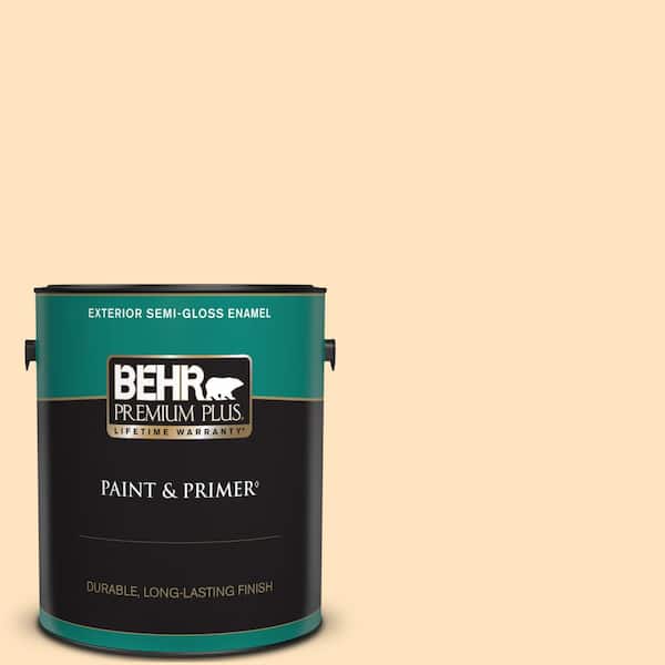 BEHR PREMIUM PLUS 1 gal. #320C-2 Cream Yellow Semi-Gloss Enamel Exterior Paint & Primer